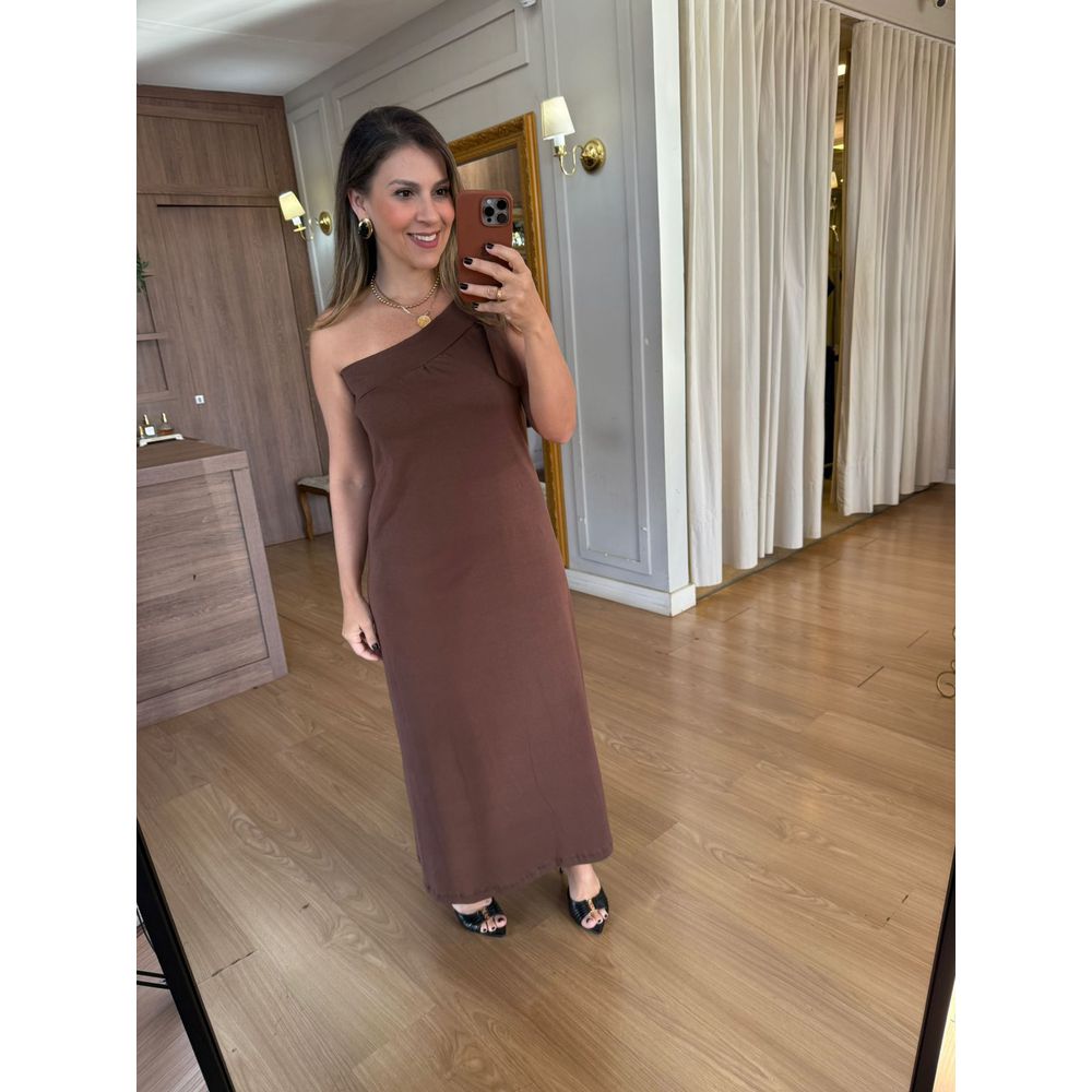 VESTIDO MALHA DE ALGODÃO UM OMBRO SÓ - MARROM - Espasso Bela | Moda Feminina