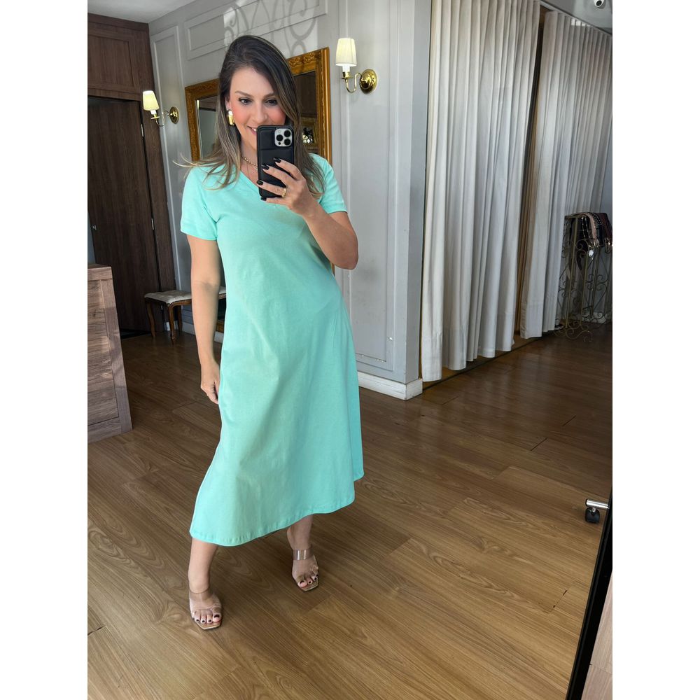 VESTIDO MALHA DE ALGODÃO LINDA MANGA CURTA - VERDE... - Espasso Bela | Moda Feminina