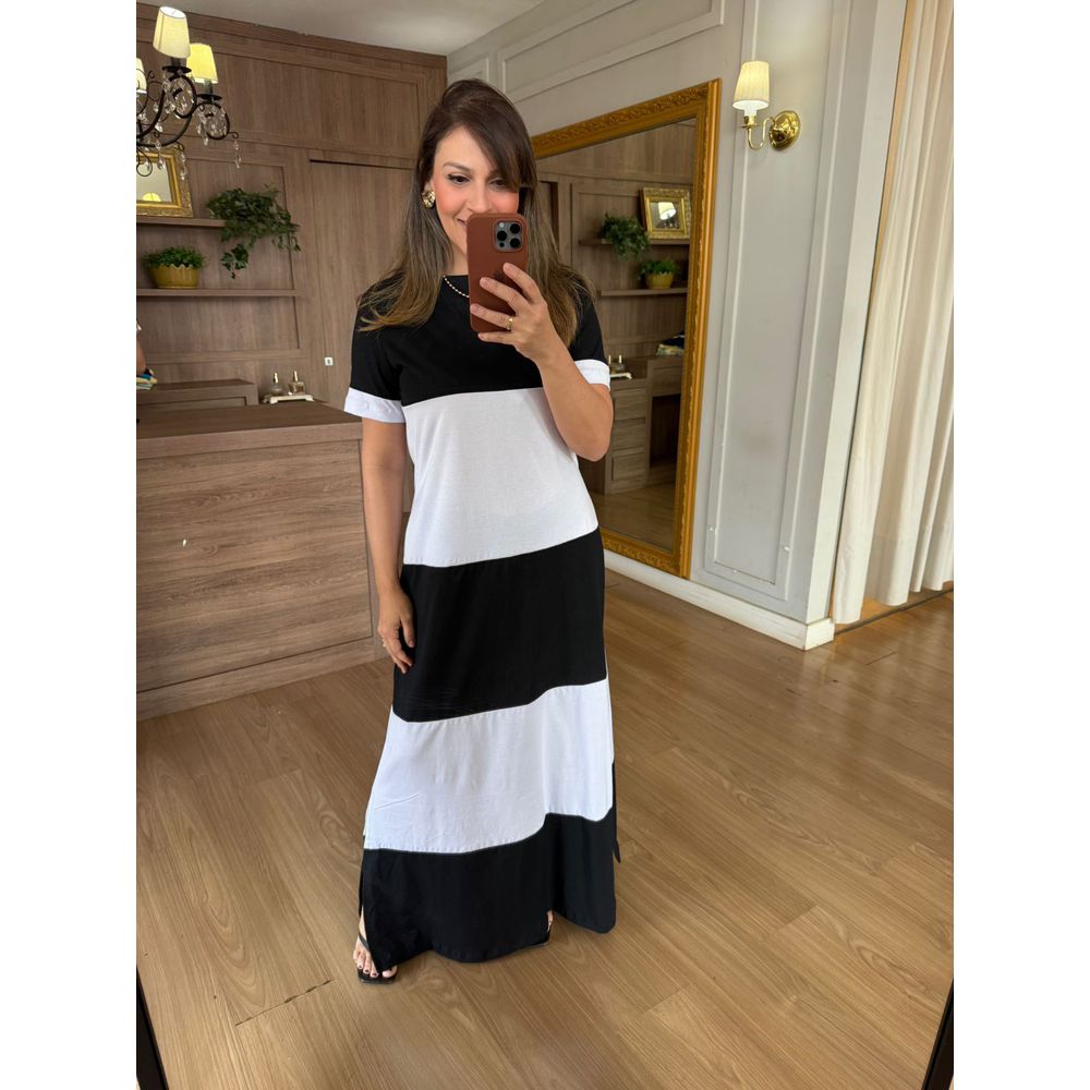 VESTIDO MALHA DE ALGODÃO BICOLOR BRUNA - PRETO COM... - Espasso Bela | Moda Feminina