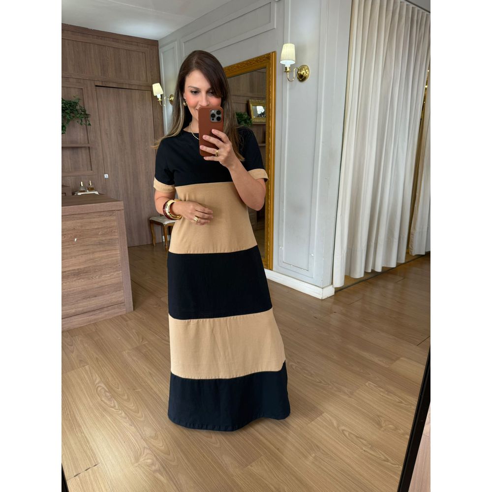 VESTIDO MALHA DE ALGODÃO BICOLOR BRUNA - PRETO COM... - Espasso Bela | Moda Feminina