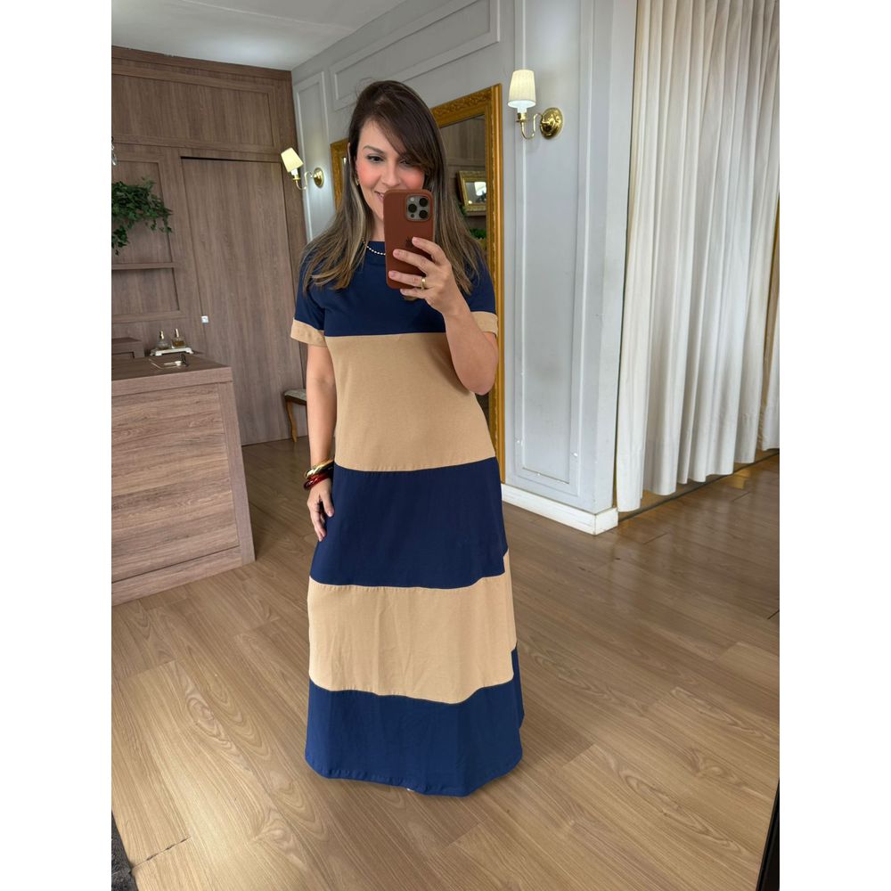 VESTIDO MALHA DE ALGODÃO BICOLOR BRUNA - MARINHO C... - Espasso Bela | Moda Feminina