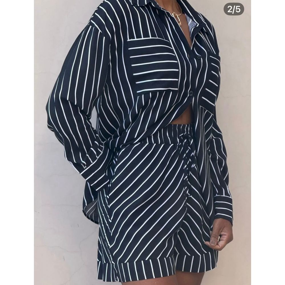 CONJUNTO 100% ALGODÃO LISTRADO - PRETO E OFF - Espasso Bela | Moda Feminina