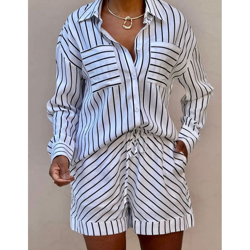 CONJUNTO 100% ALGODÃO LISTRADO - OFF/PRETO - Espasso Bela | Moda Feminina