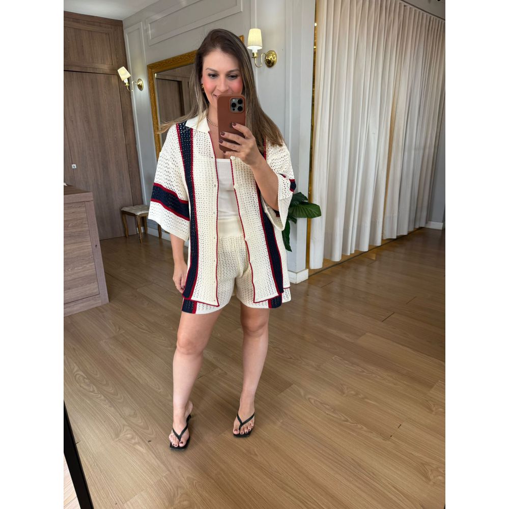 CONJUNTO EM TRICO VERÃO - OFF COM LISTRA MARINHO - Espasso Bela | Moda Feminina