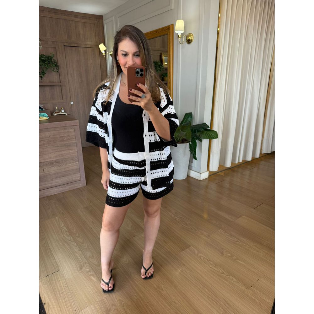 CONJUNTO EM TRICO VERÃO - PRETO/OFF - Espasso Bela | Moda Feminina