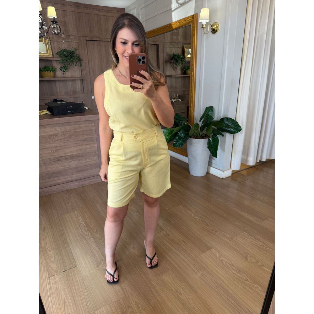 CONJUNTO EM LINHO - BERMUDA E REGATA - AMARELO MAN... - Espasso Bela | Moda Feminina