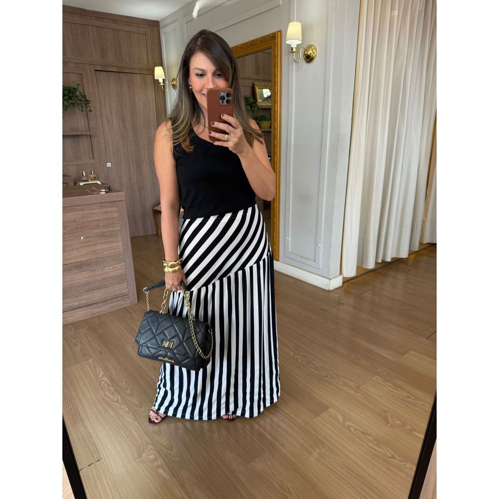 CONJUNTO REGATA E SAIA MALHA IBIZA - PRETO E LISTR... - Espasso Bela | Moda Feminina