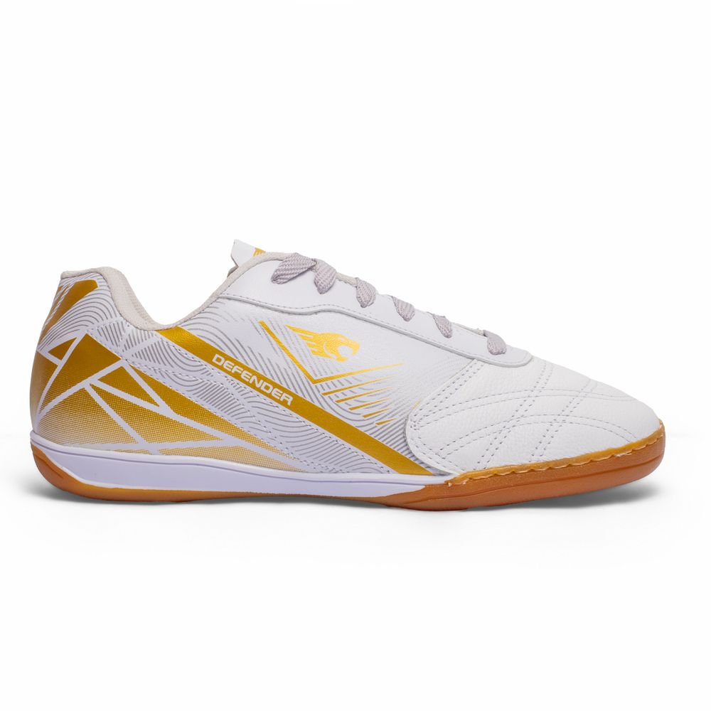 Chuteira Defender Futsal Adulto - Branca/Dourado - IBAL Esportivos