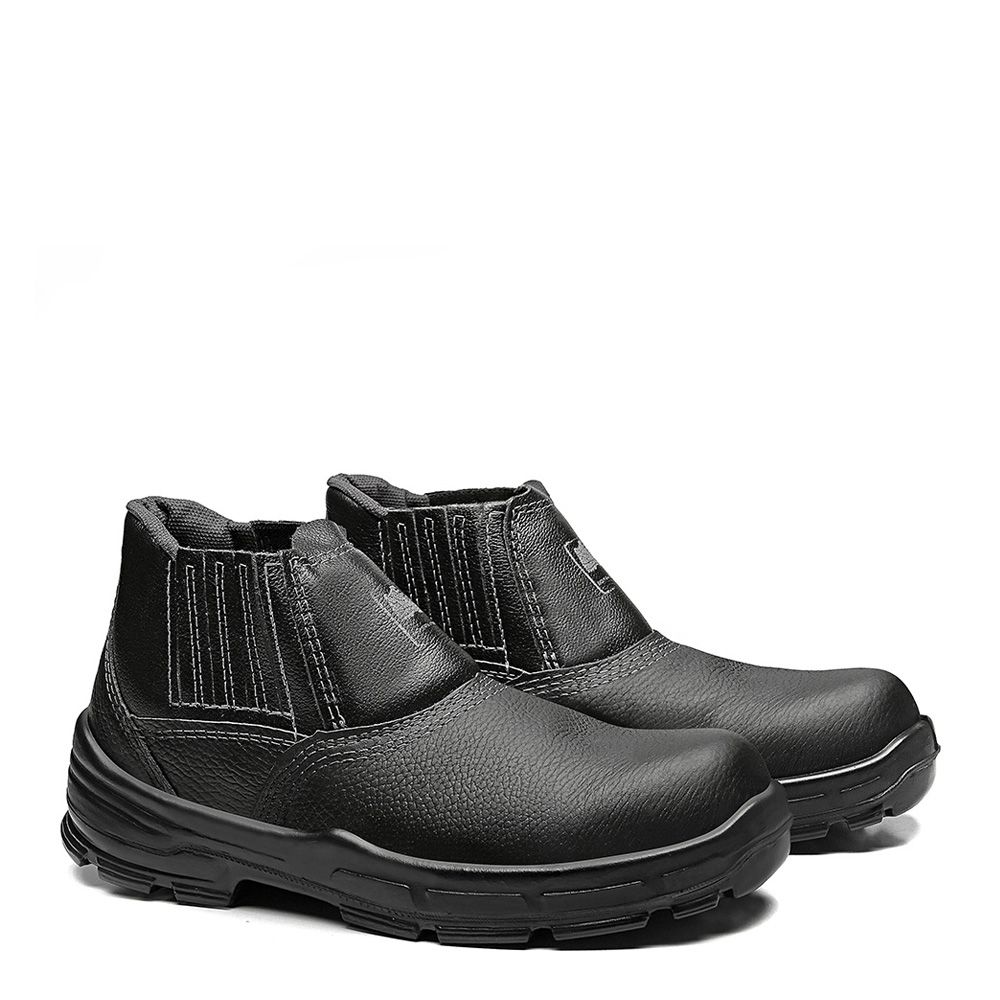BOTINA PRETA ELASTICO COURO FLOR BICO COMPOSITE PU BIDENSIDADE