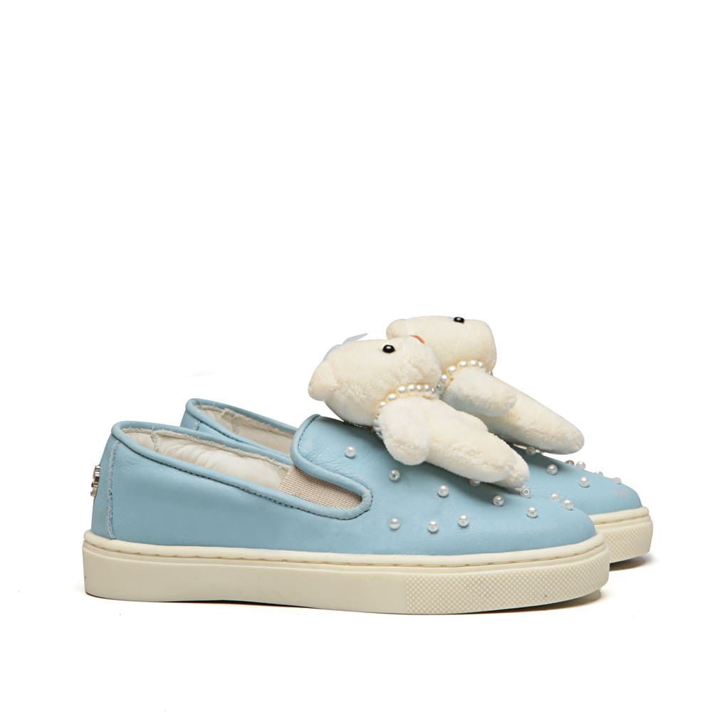 Tênis Slip On Couro Azul de Ursinho Infantil Gats 