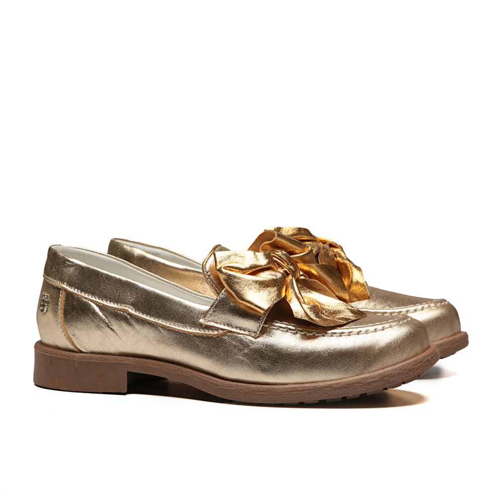 Mocassim Feminino Tratorado Laço Dourado Infantil Gats