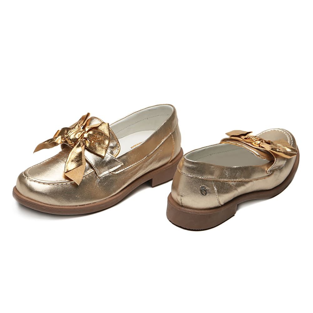 Mocassim Feminino Tratorado Laço Dourado Infantil Gats