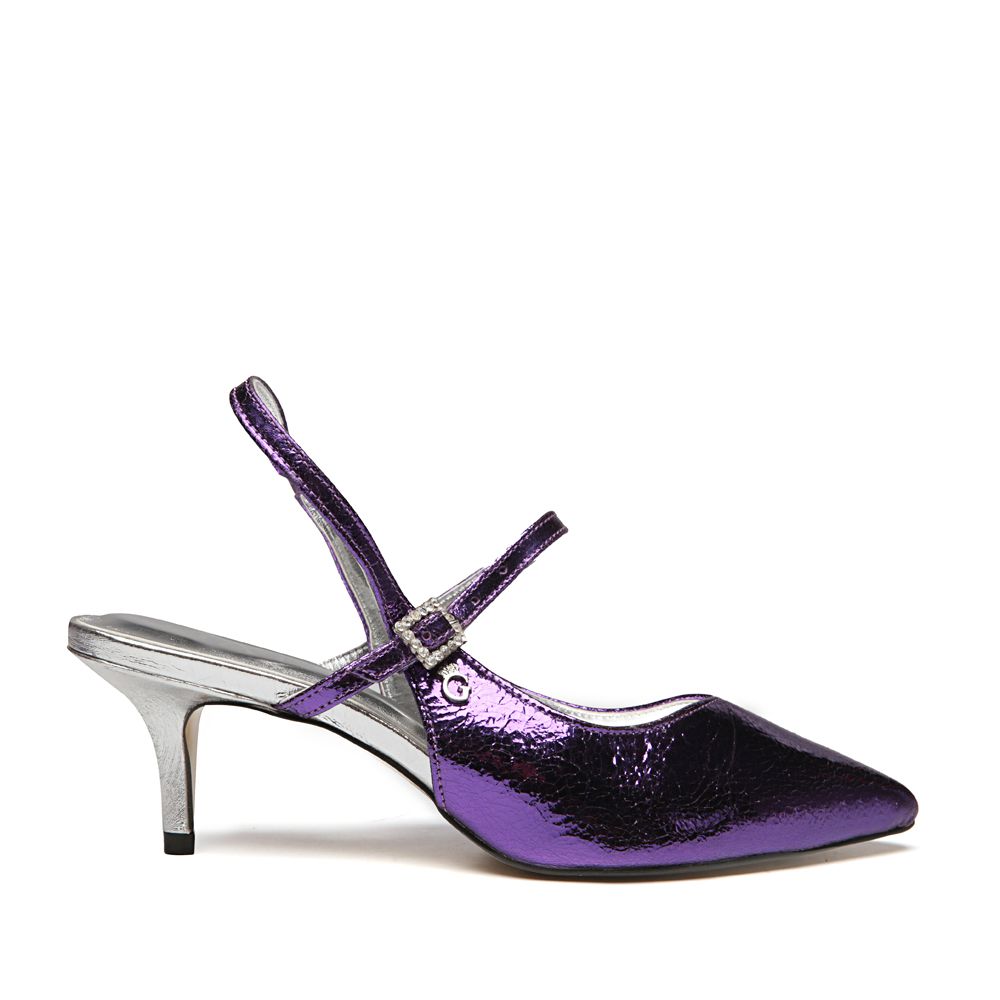 Sapato Mule Salto Baixo Slingback Craquele Roxo Gats