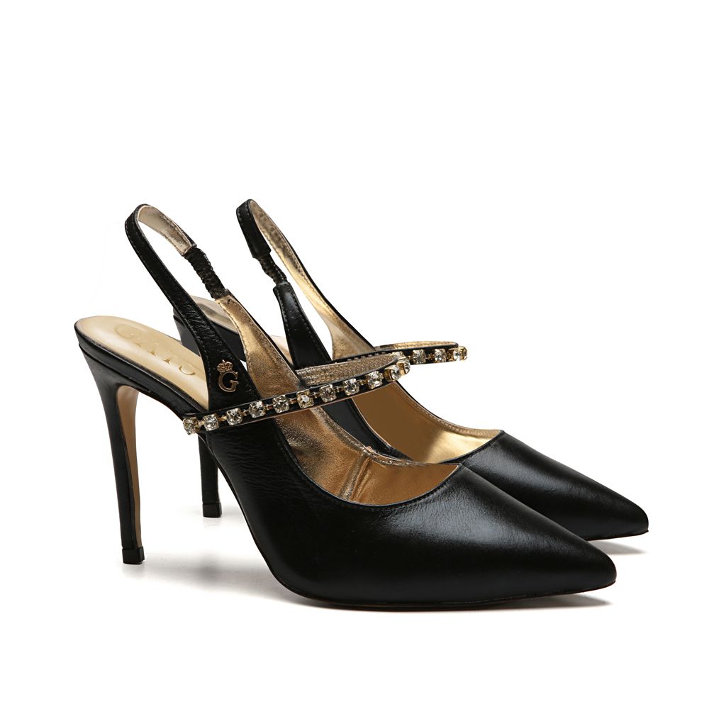 Sapato Slingback Salto Alto Valentina Cristal Preto Strass 