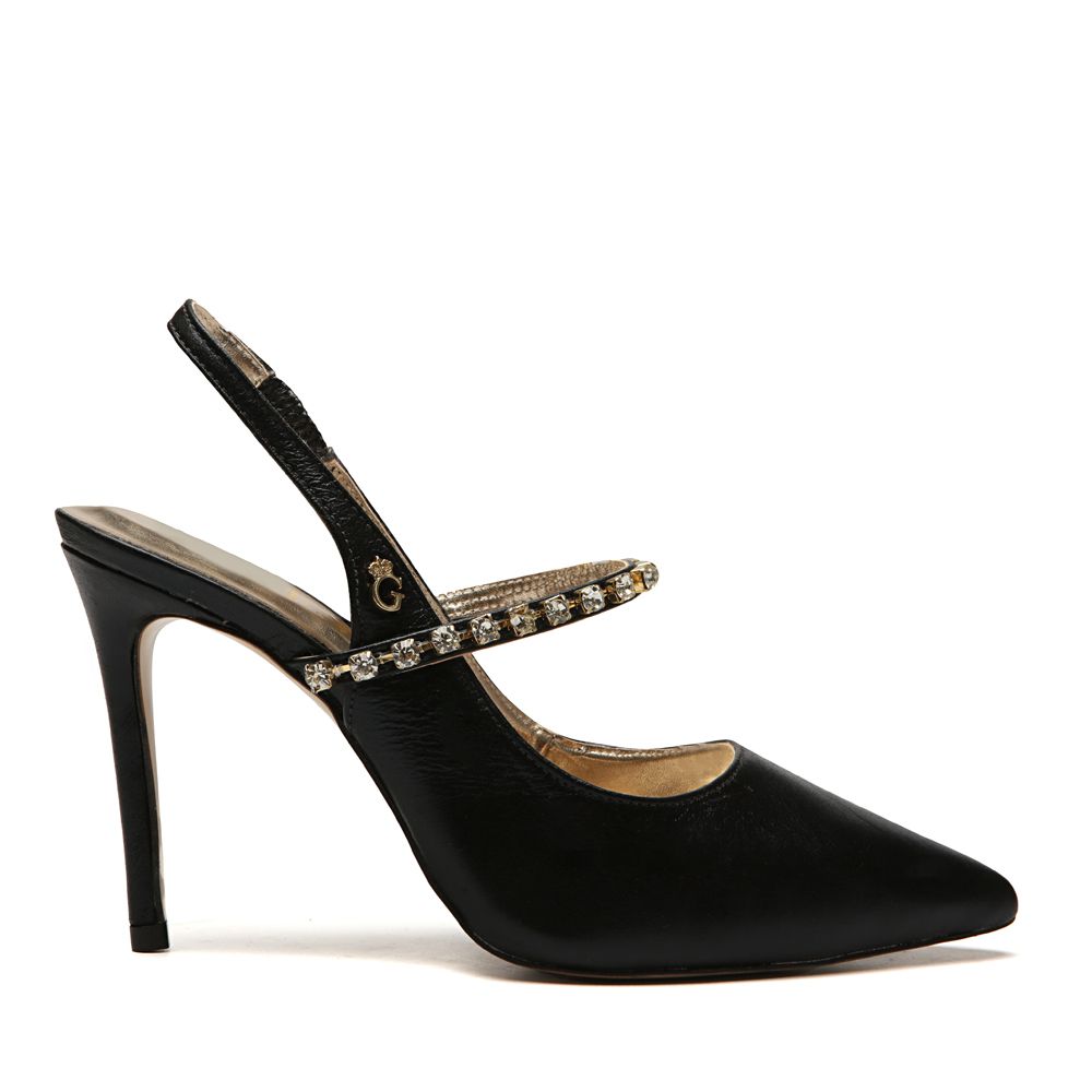 Sapato Slingback Salto Alto Valentina Cristal Preto Strass 