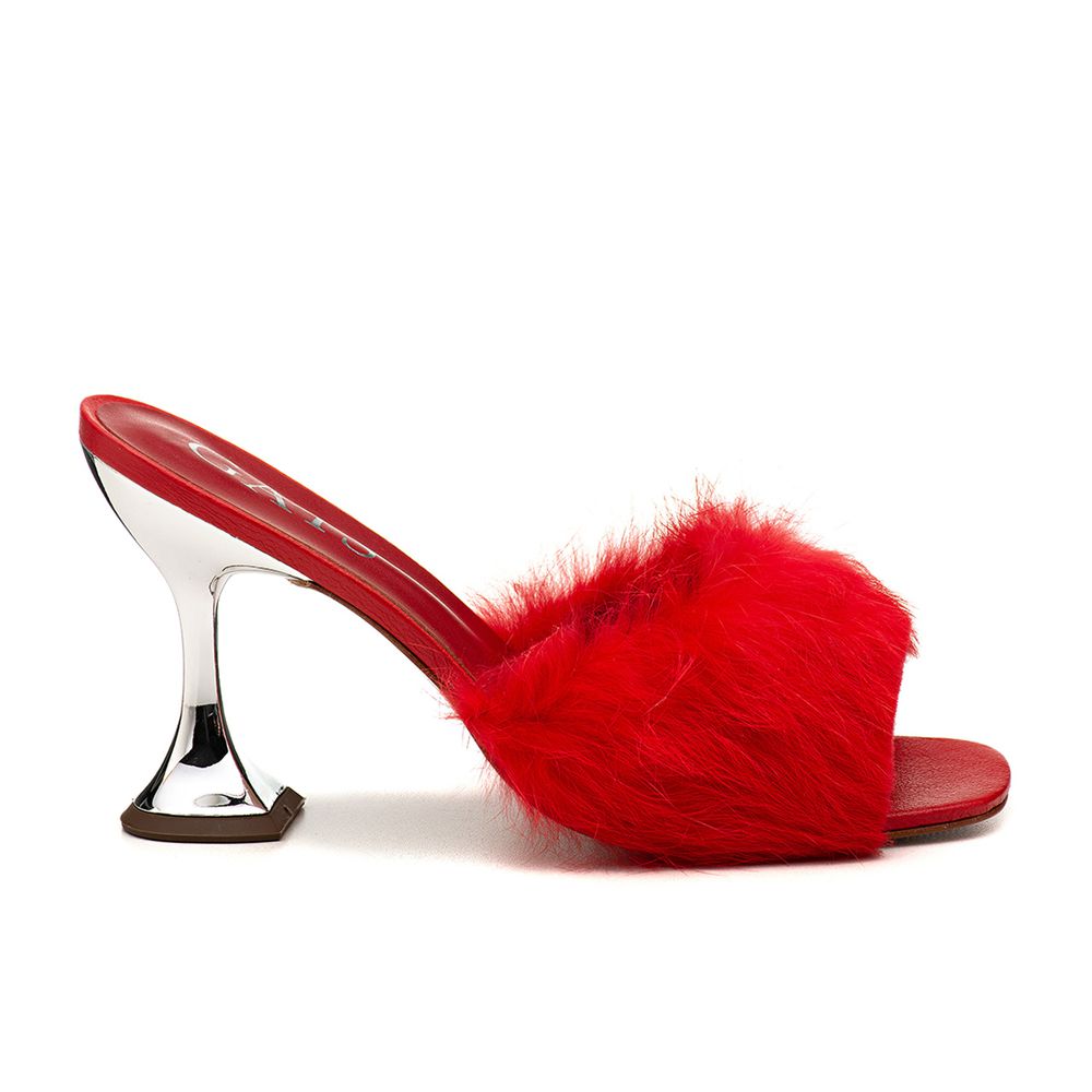 Sandália Mule Salto Taça Cromado Bianca Pelúcia Vermelho Outlet