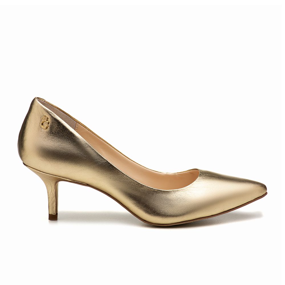 Sapato Scarpin Baixo Couro Dourado