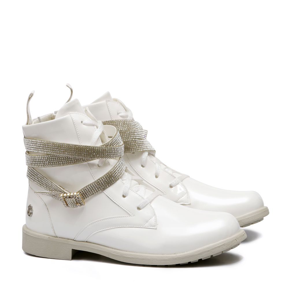 Bota Coturno Strass Verniz Branco Infantil