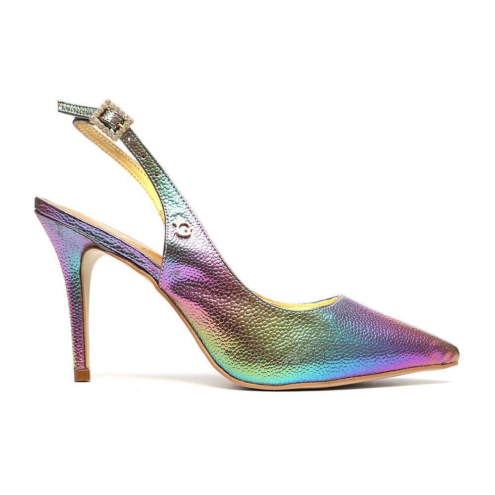 Sapato Mule Salto Alto Slingback Antonietta Holográfico Arco-íris