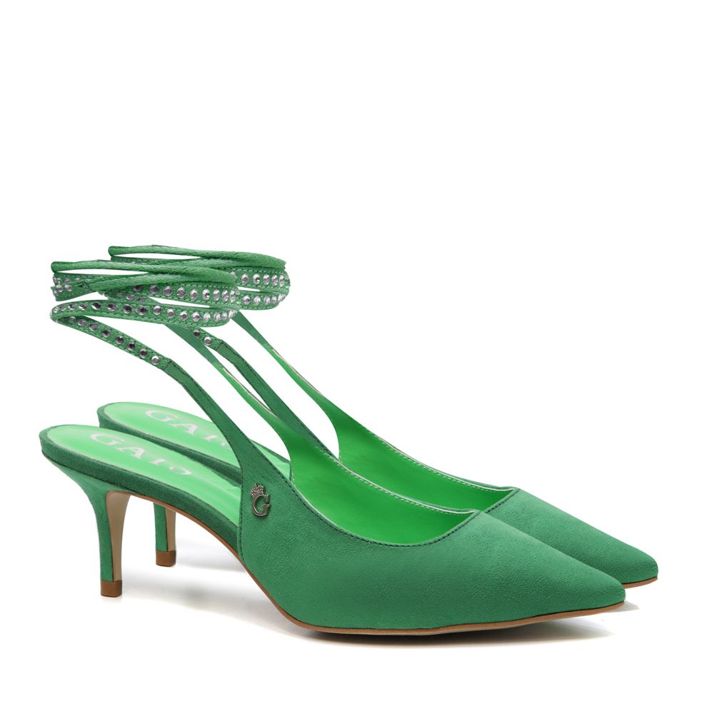 Sapato Slingback Amarração Kitten Heel Camurça Verde