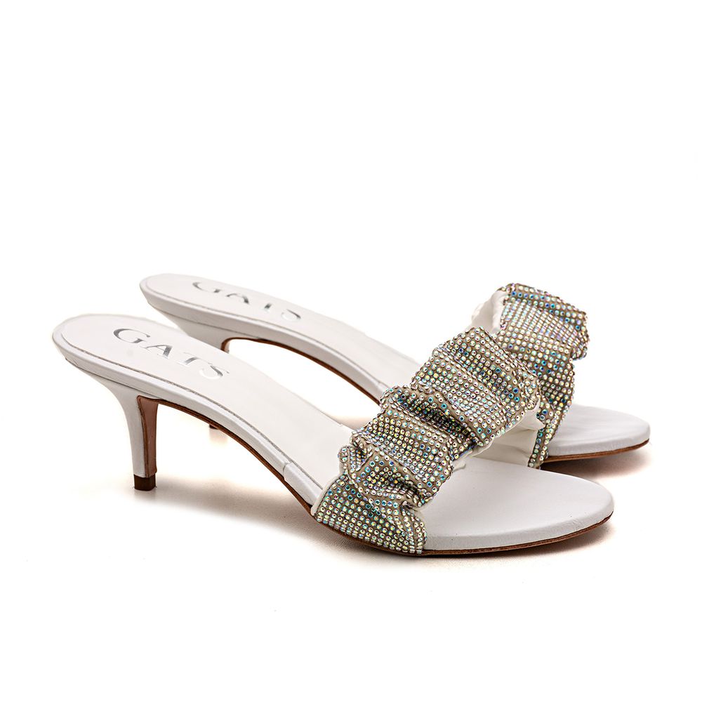 Sandália Mule Salto Baixo Laço Rebeca Strass Branco