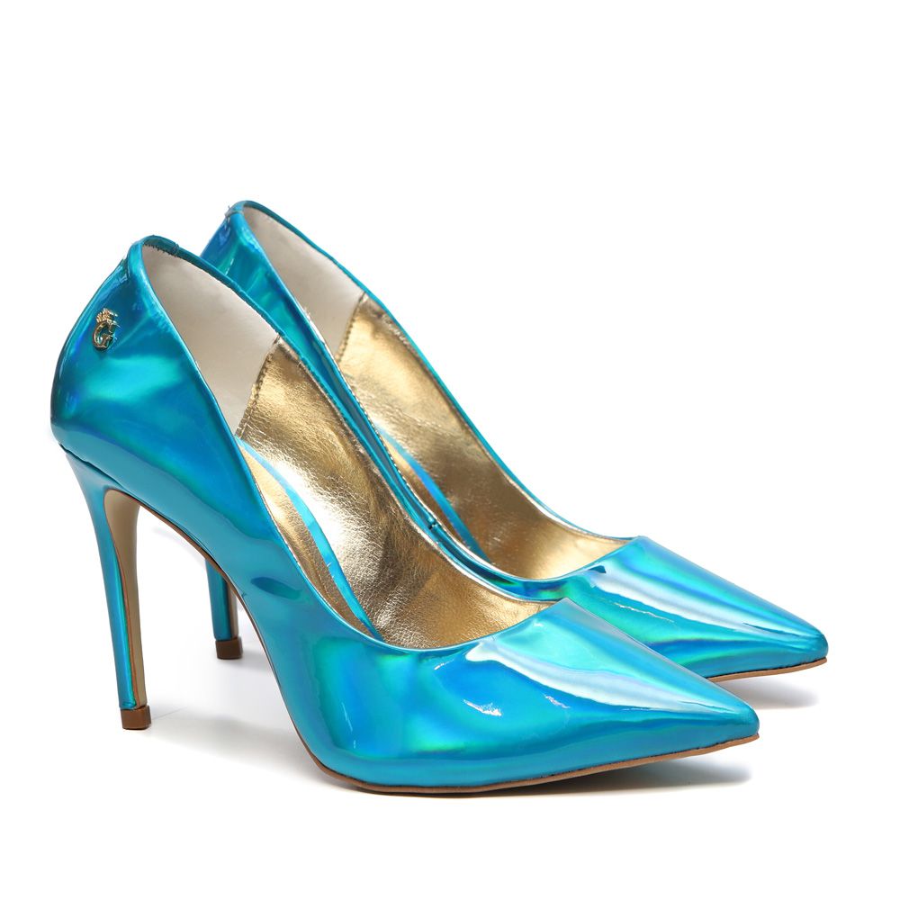 Sapato Scarpin Salto Alto Valentina Espelhado Azul