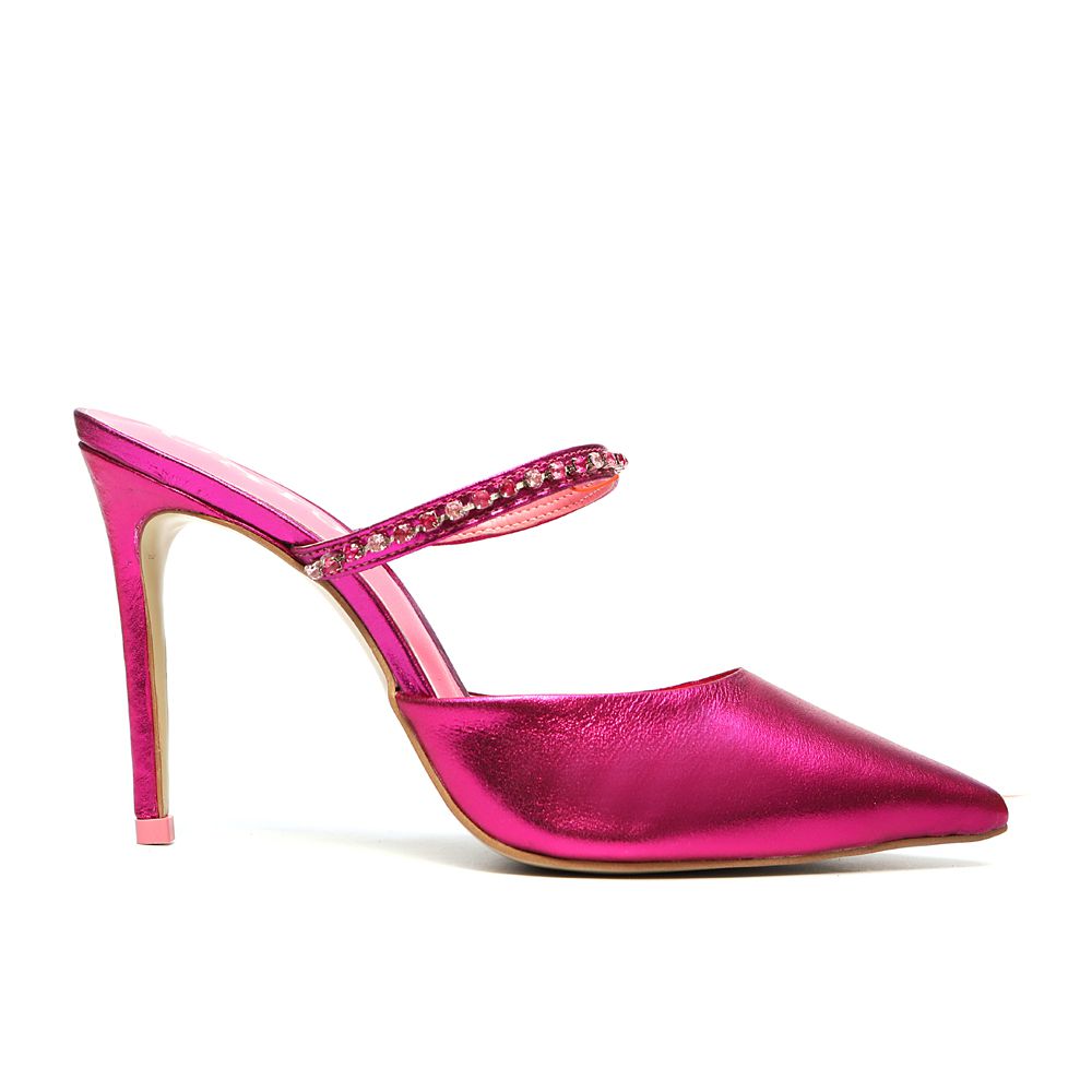 Sapato Mule Salto Alto Valentina Couro Cristal Pink