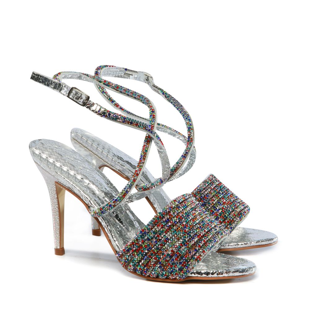 Sandália Salto Alto Antonella Craquele Prata Strass Outlet