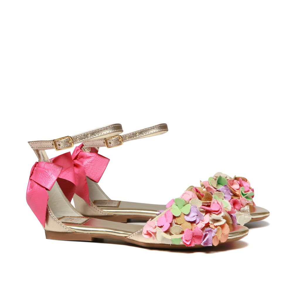 Peep Toe Bordado Flores Dourado Infantil Gats 