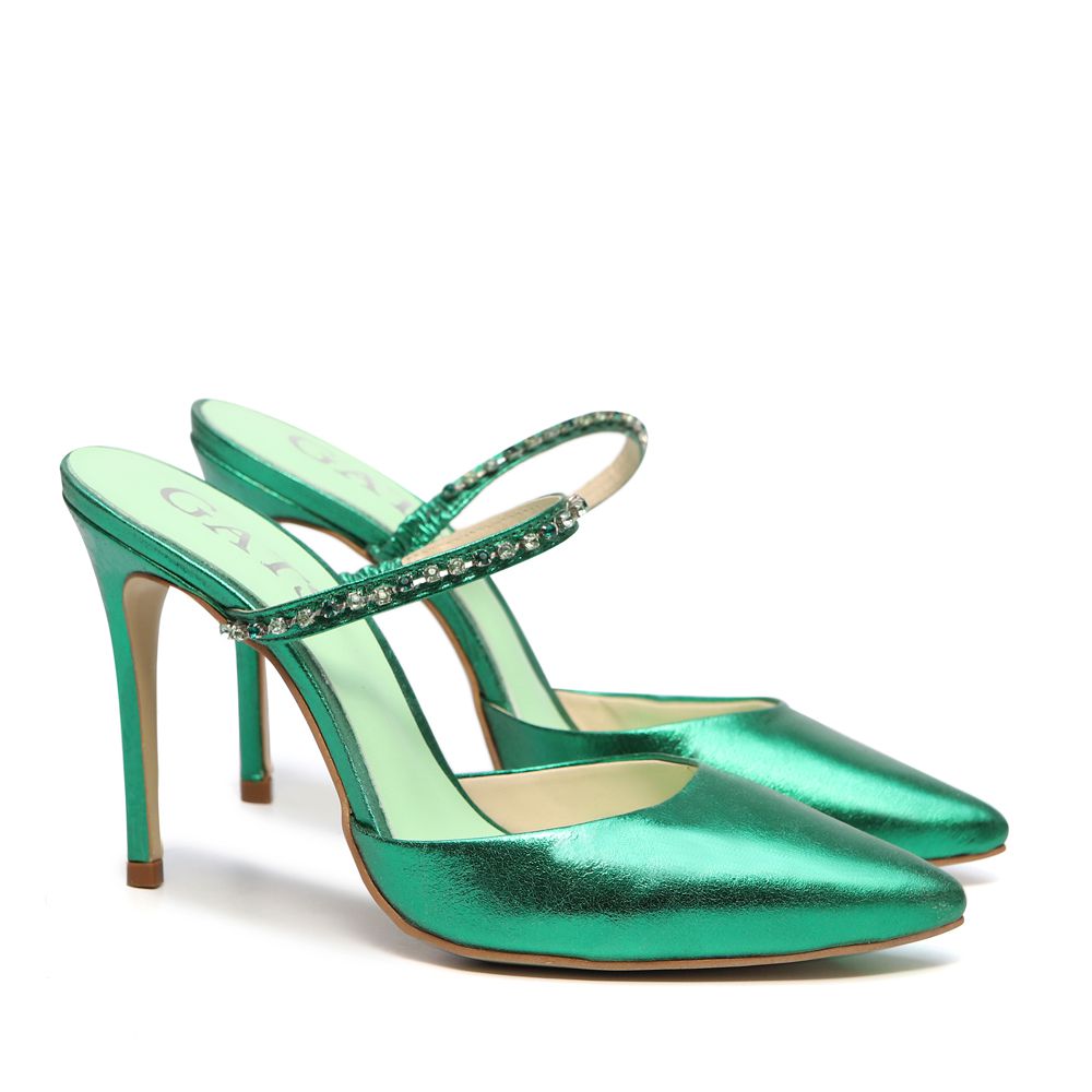 Sapato Mule Salto Alto Valentina Couro Cristal Verde Outlet