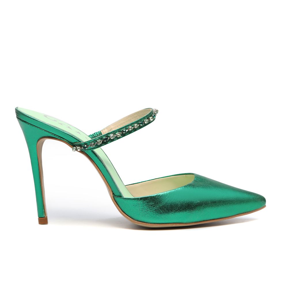 Sapato Mule Salto Alto Valentina Couro Cristal Verde Outlet