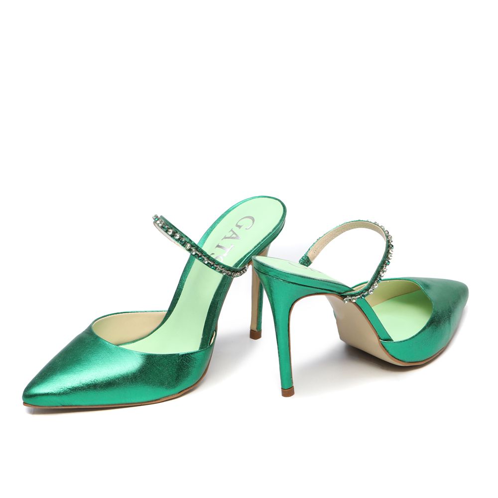 Sapato Mule Salto Alto Valentina Couro Cristal Verde Outlet