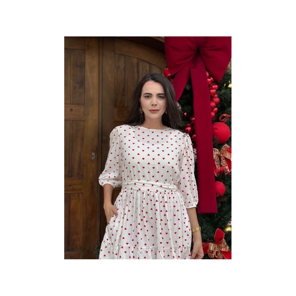 Vestido Bia Branco Coraçoes Vermelho - Ihuly kaufmann