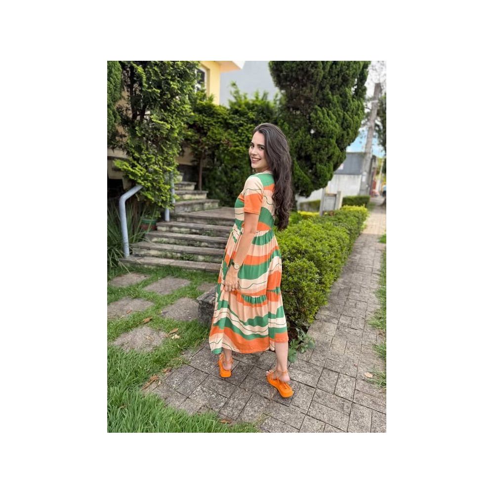 Vestido Cecilia Verde e Laranja Estampado - Ihuly kaufmann