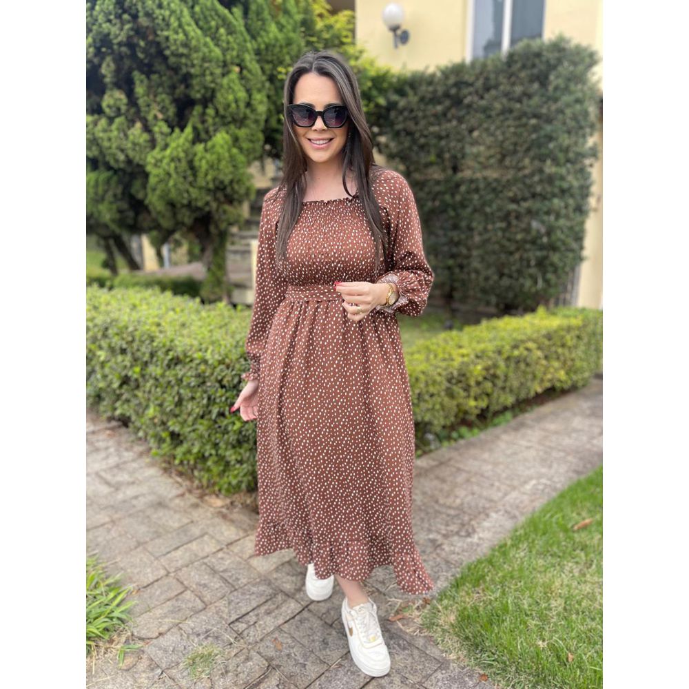 Vestido Lorena Caramelo Poá Manga Longo - Ihuly kaufmann