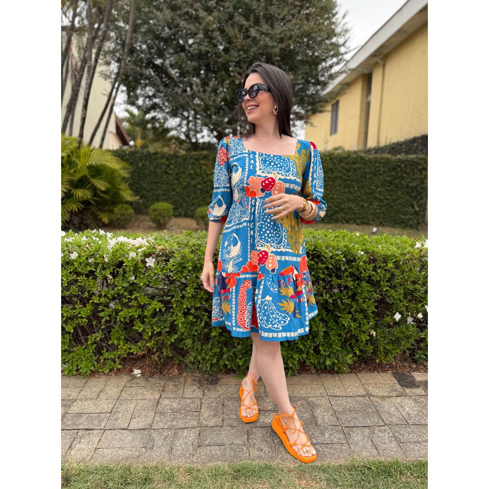 Vestido Clarice Azul Mix de Estampas - Ihuly kaufmann