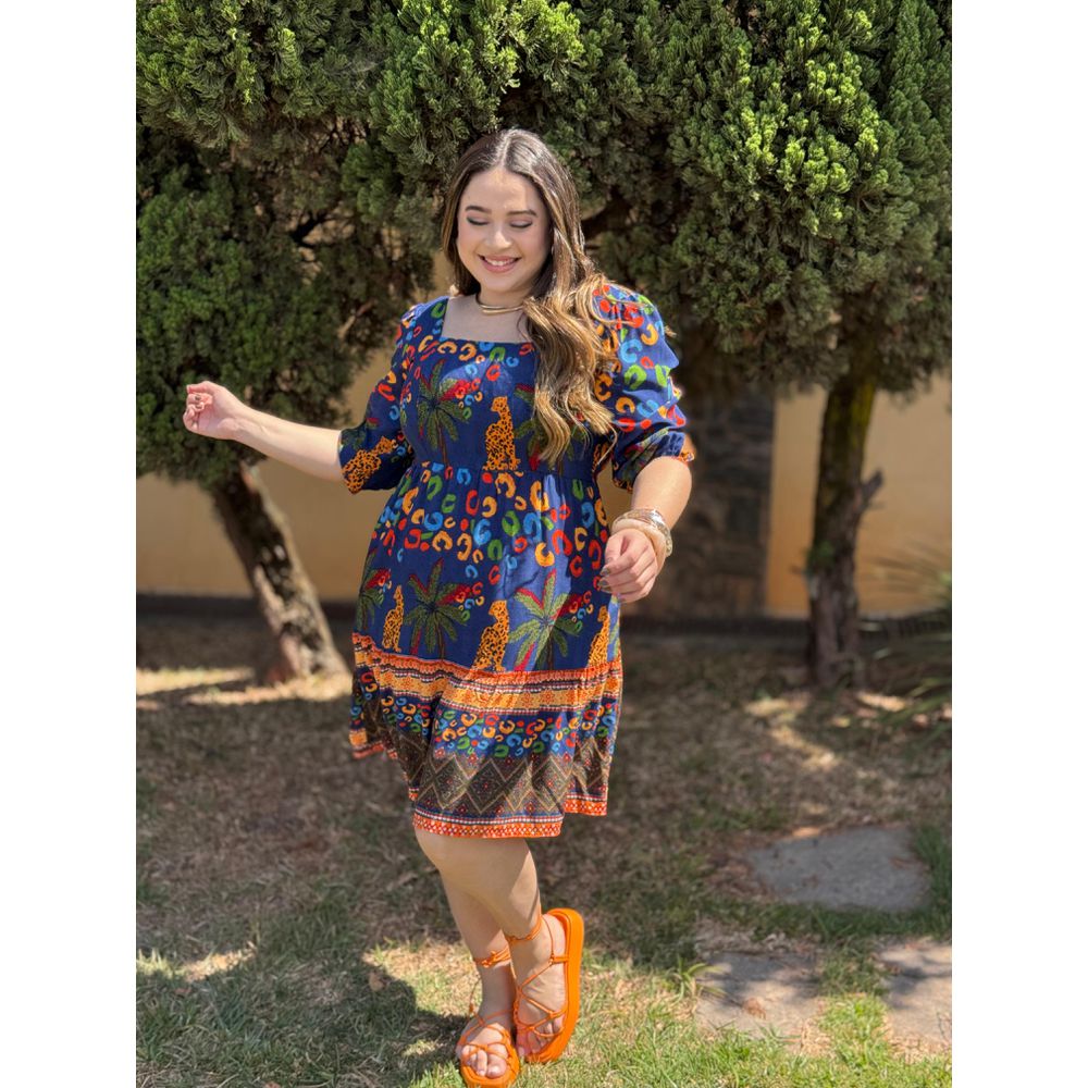 Vestido Clarice Azul Marinho Animal Print - Ihuly kaufmann