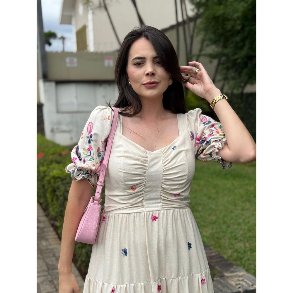 Vestido Violeta Off White Bordado Colorido - Ihuly kaufmann