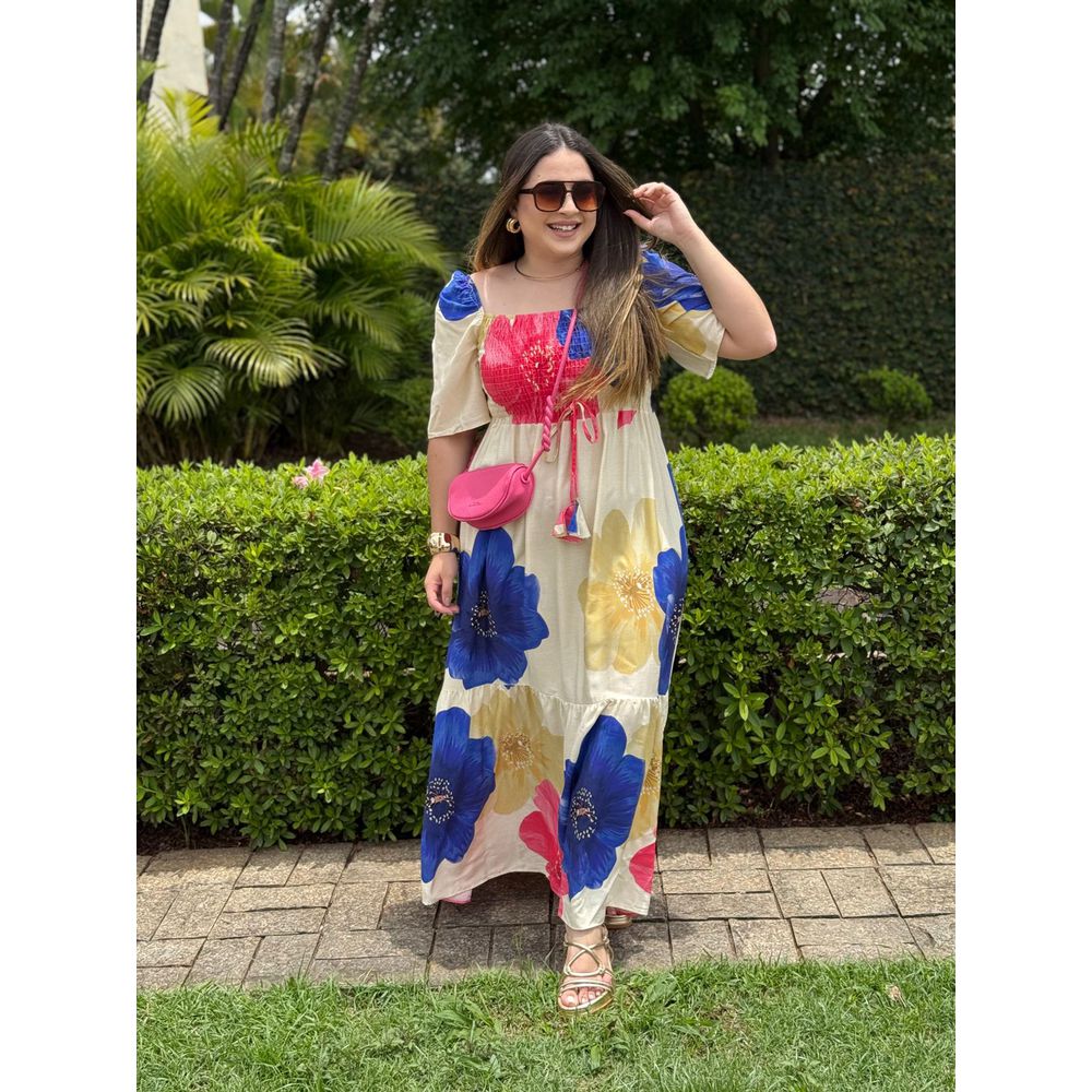 Vestido Rute Estampado Rosa e Azul - Ihuly kaufmann