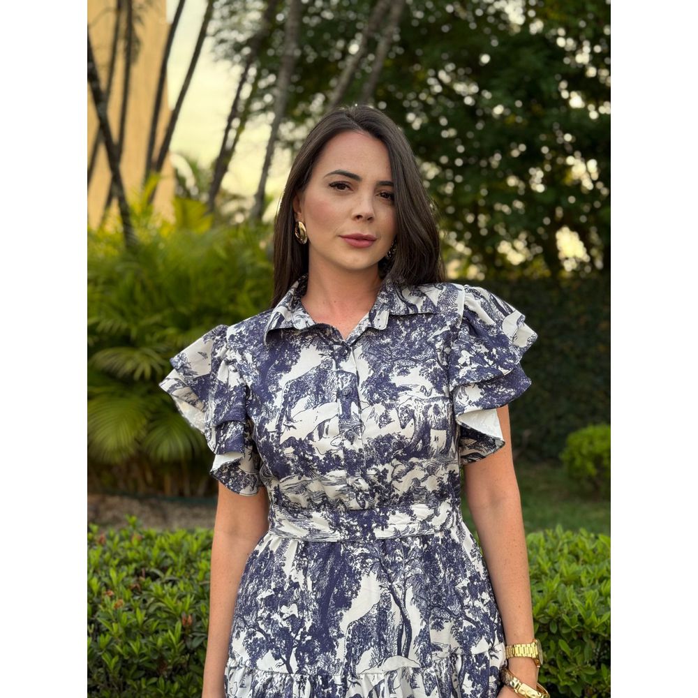 Vestido Catarina Azul Marinho Estampa Safari - Ihuly kaufmann