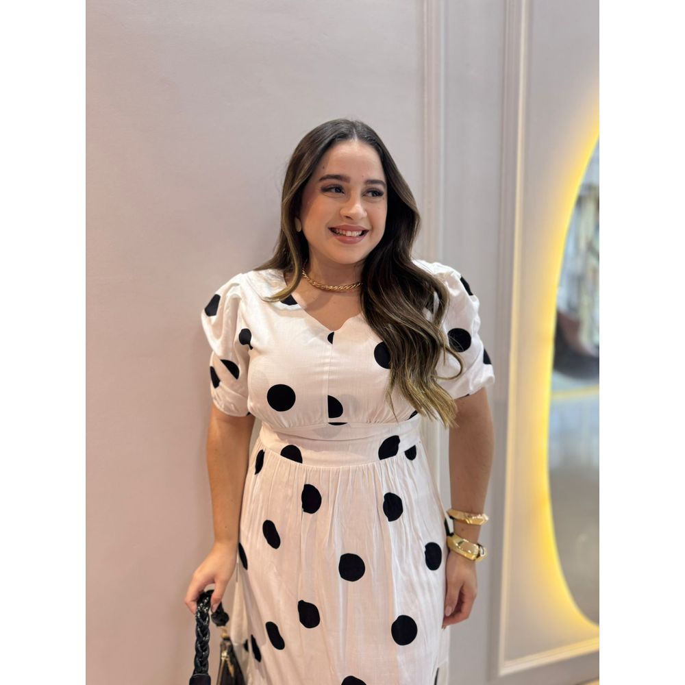 Vestido Nayara Branco Poá Preto - Ihuly kaufmann