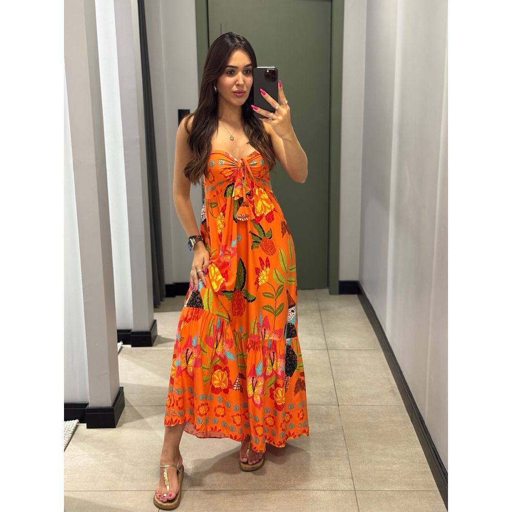 VESTIDO LONGO TALIA LARANJA ESTAMPA TUCANO