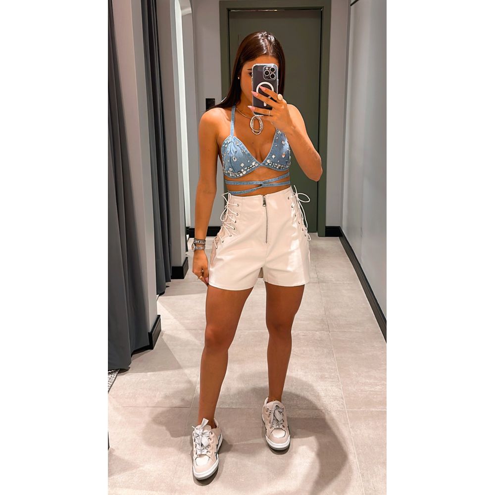 SHORT COURO TIRAS OFF WHITE