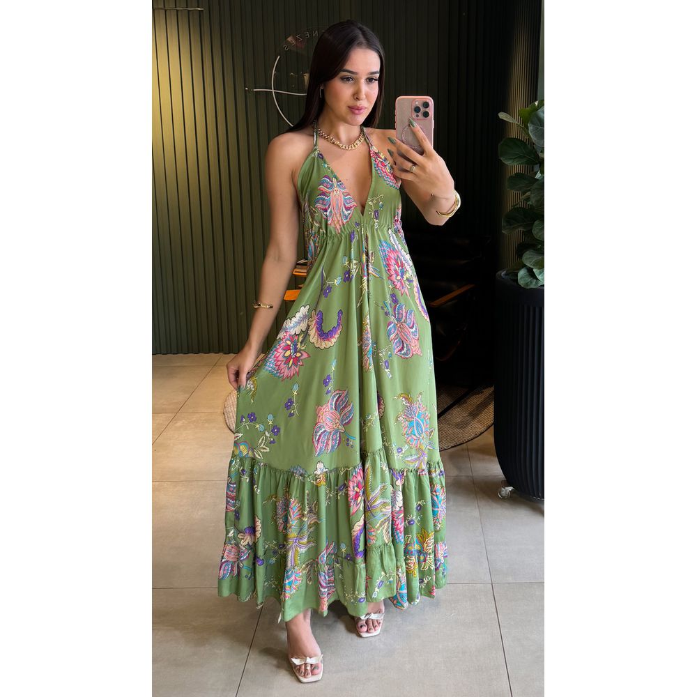 VESTIDO INDIANO VERDE MUSGO COM ESTAMPA