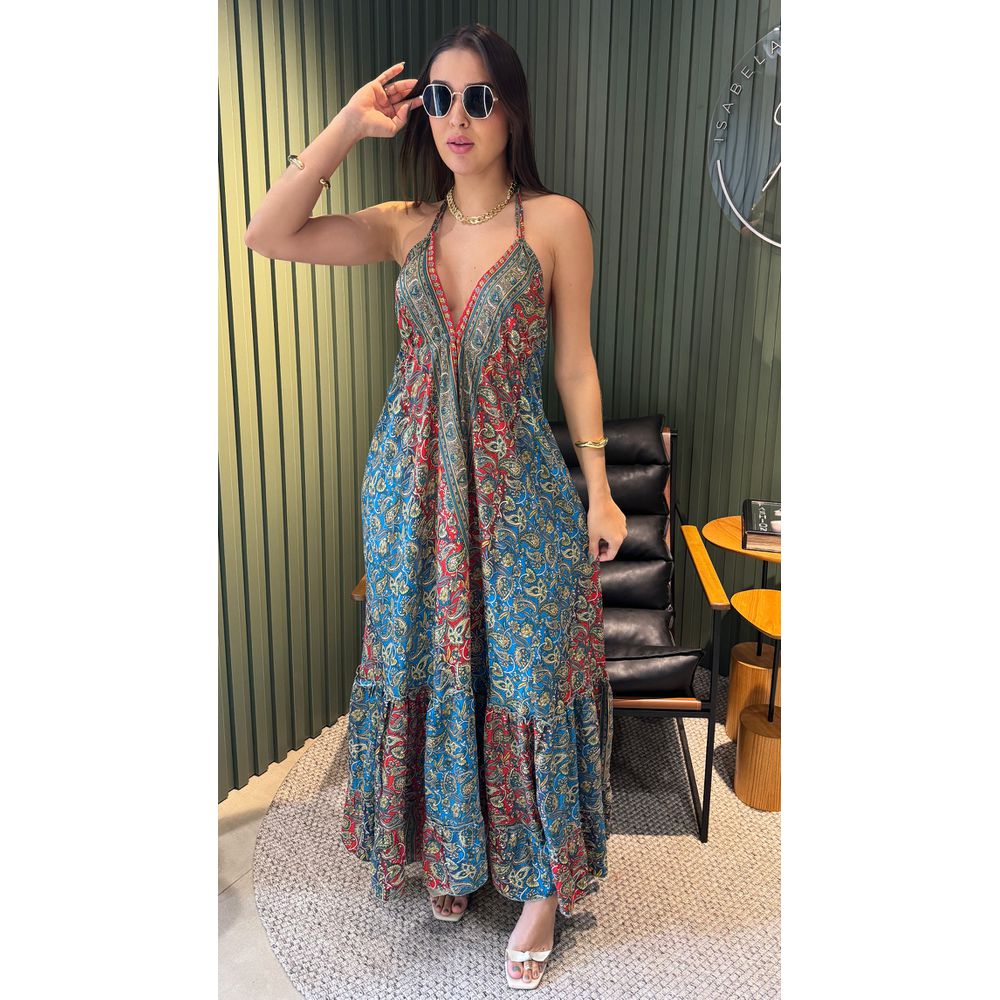 VESTIDO INDIANO AZUL COM ESTAMPA