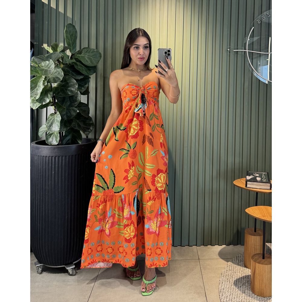 VESTIDO LONGO TALIA LARANJA ESTAMPA TUCANO