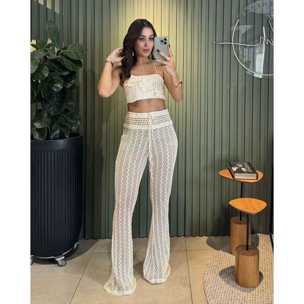 CONJUNTO FLOR CROCHÊ OFF WHITE