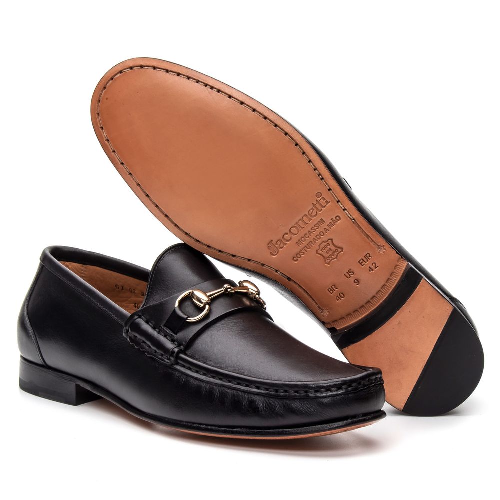 Mocassim Gold Preto Solado de Couro