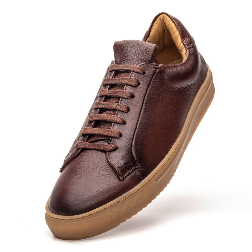 Tênis Casual Masculino de Couro Pinhão