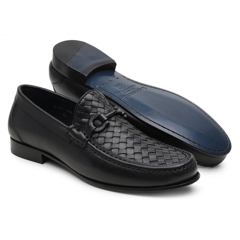 Mocassim Masculino de Couro Tressê Preto Gj01 Solado De Couro